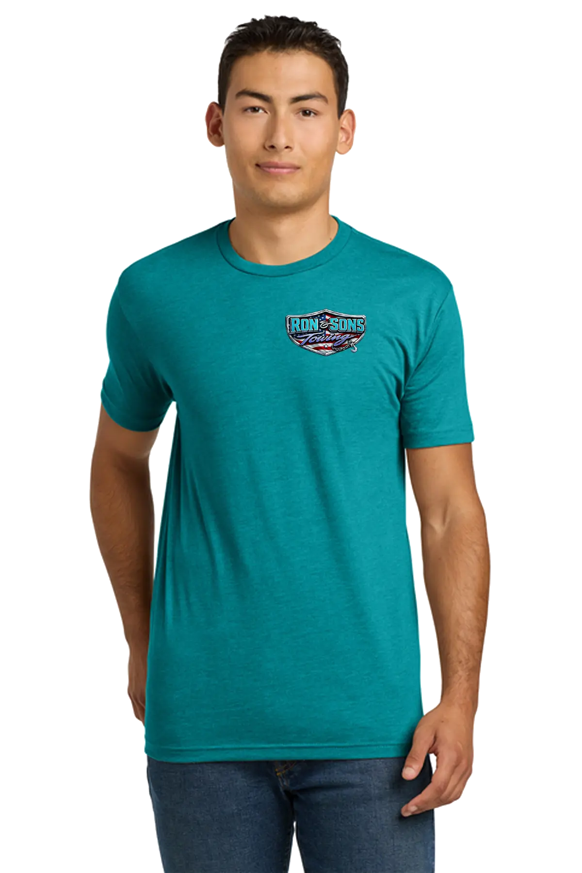 Man wearing a teal t-shirt with a logo on a white background. Ron and Sons Towing, Paper Street Print Co, Blairstown, NJ.