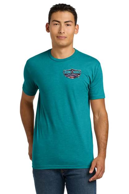Man wearing a teal t-shirt with a logo on a white background. Ron and Sons Towing, Paper Street Print Co, Blairstown, NJ.