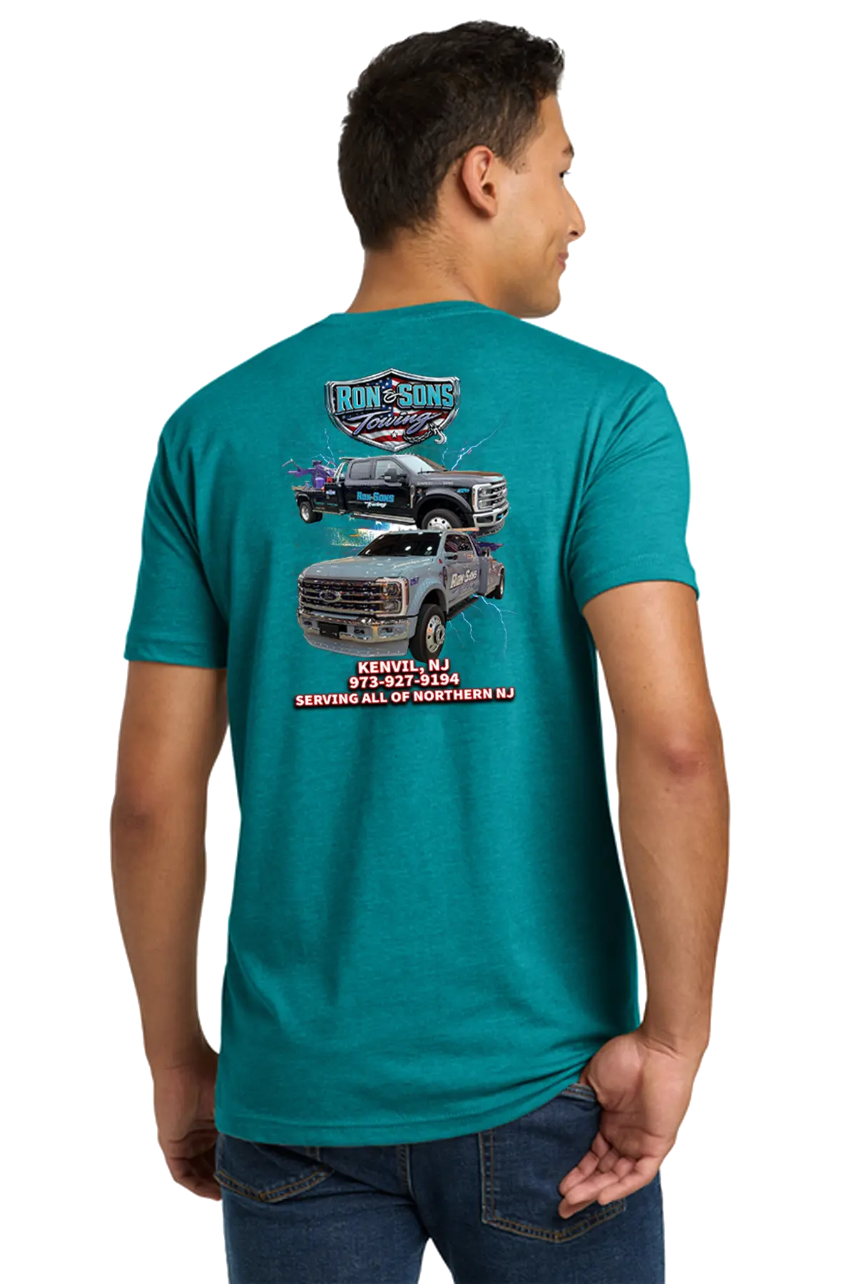 Person wearing a teal t-shirt with graphics and text on the back, standing against a white background. Ron and Sons Towing, Paper Street Print Co, Blairstown, NJ.