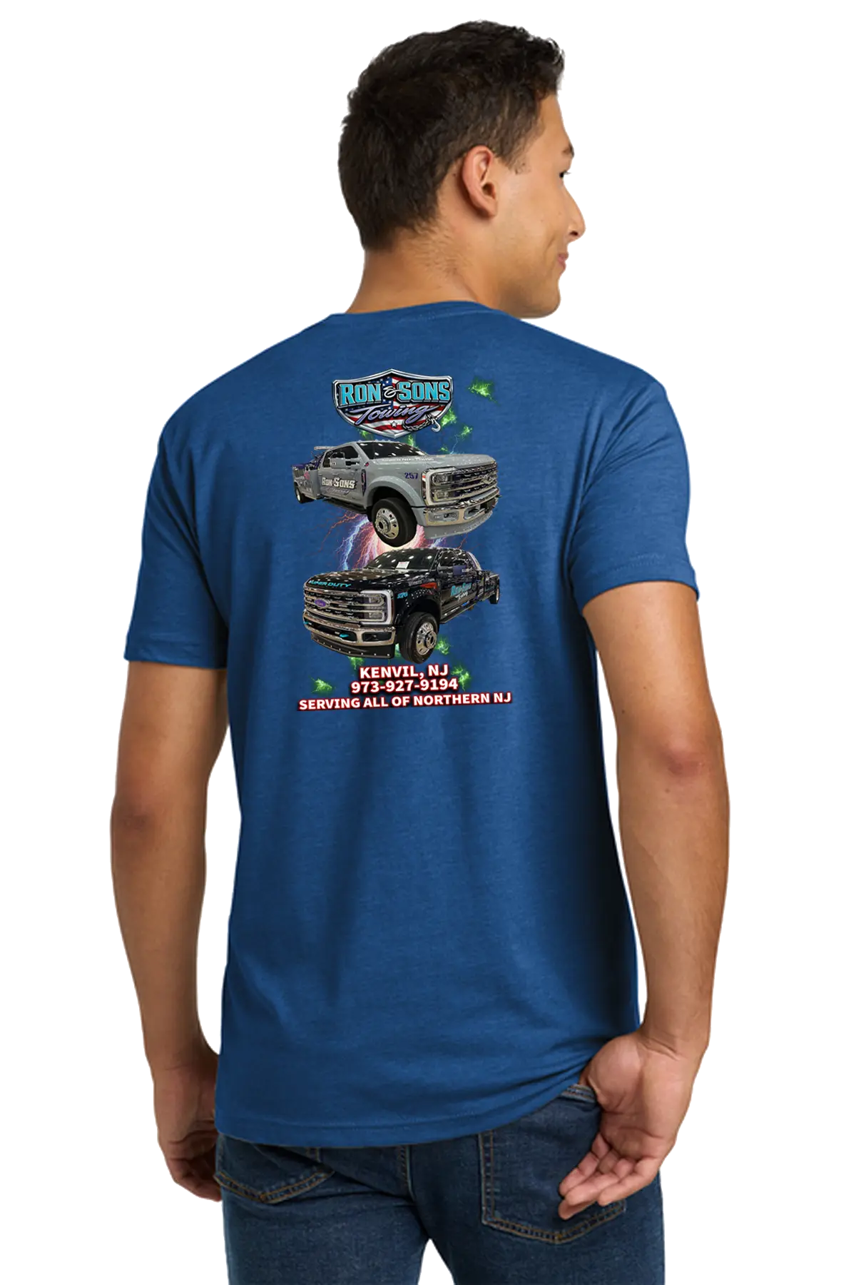 Person wearing a blue t-shirt with vehicle graphics and text on the back. Ron and Sons Towing, Paper Street Print Co, Blairstown, NJ.