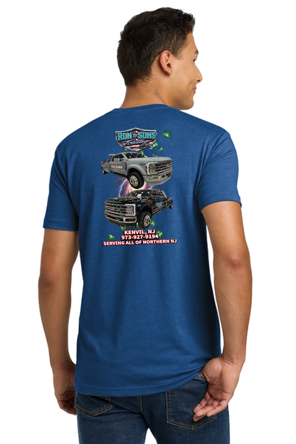 Person wearing a blue t-shirt with vehicle graphics and text on the back. Ron and Sons Towing, Paper Street Print Co, Blairstown, NJ.