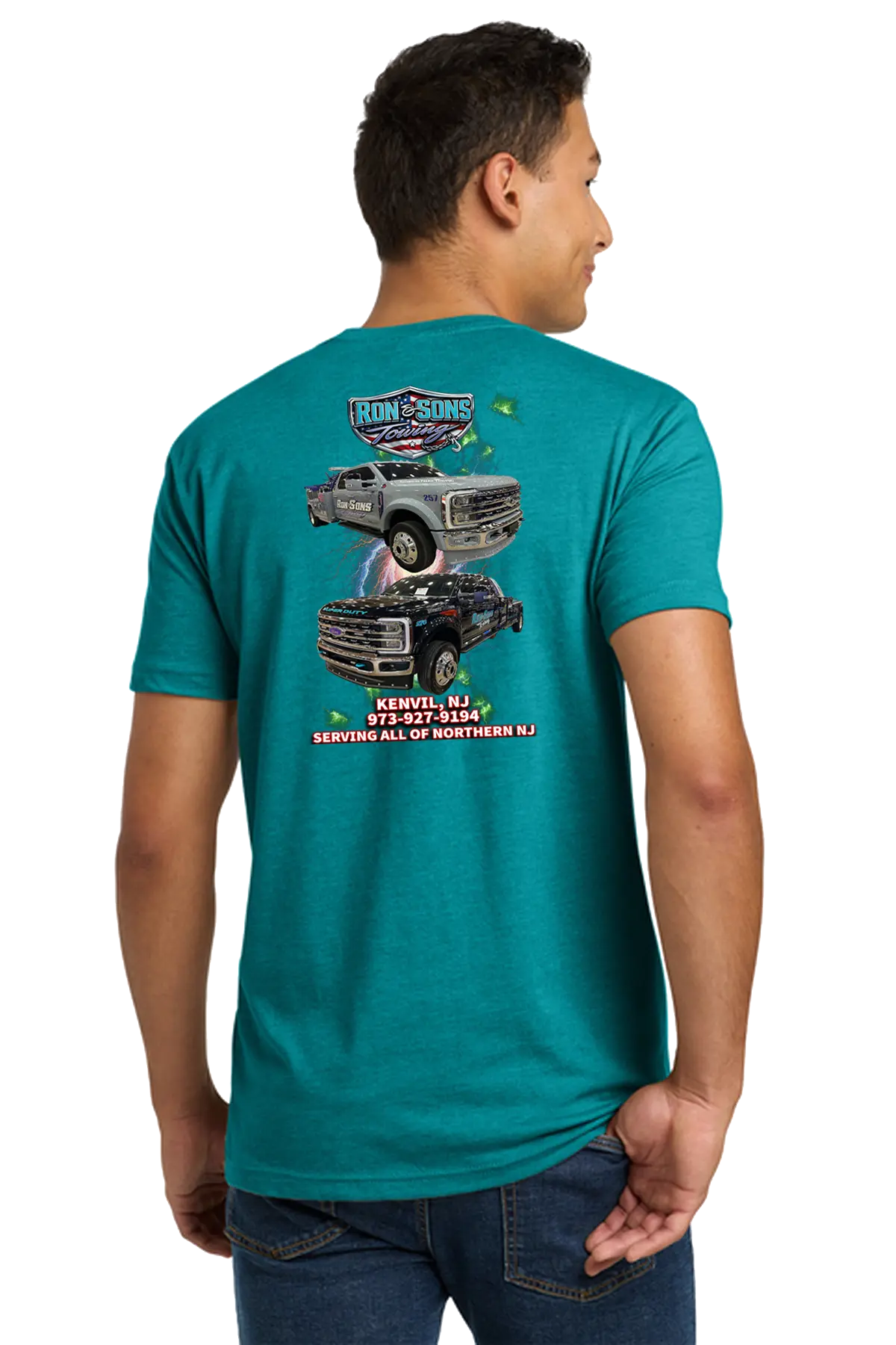 Person wearing a teal t-shirt with graphics and text on the back, standing against a white background. Ron and Sons Towing, Paper Street Print Co, Blairstown, NJ.