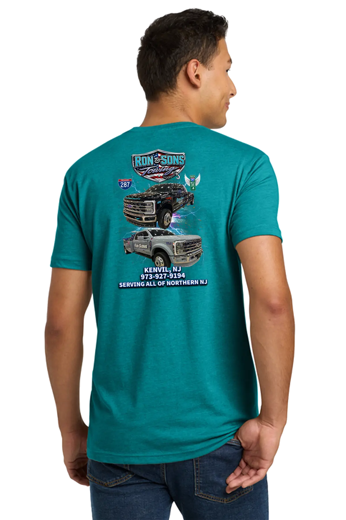 Person wearing a teal t-shirt with graphic designs on the back, standing against a white background. Ron and Sons Towing, Paper Street Print Co, Blairstown, NJ.