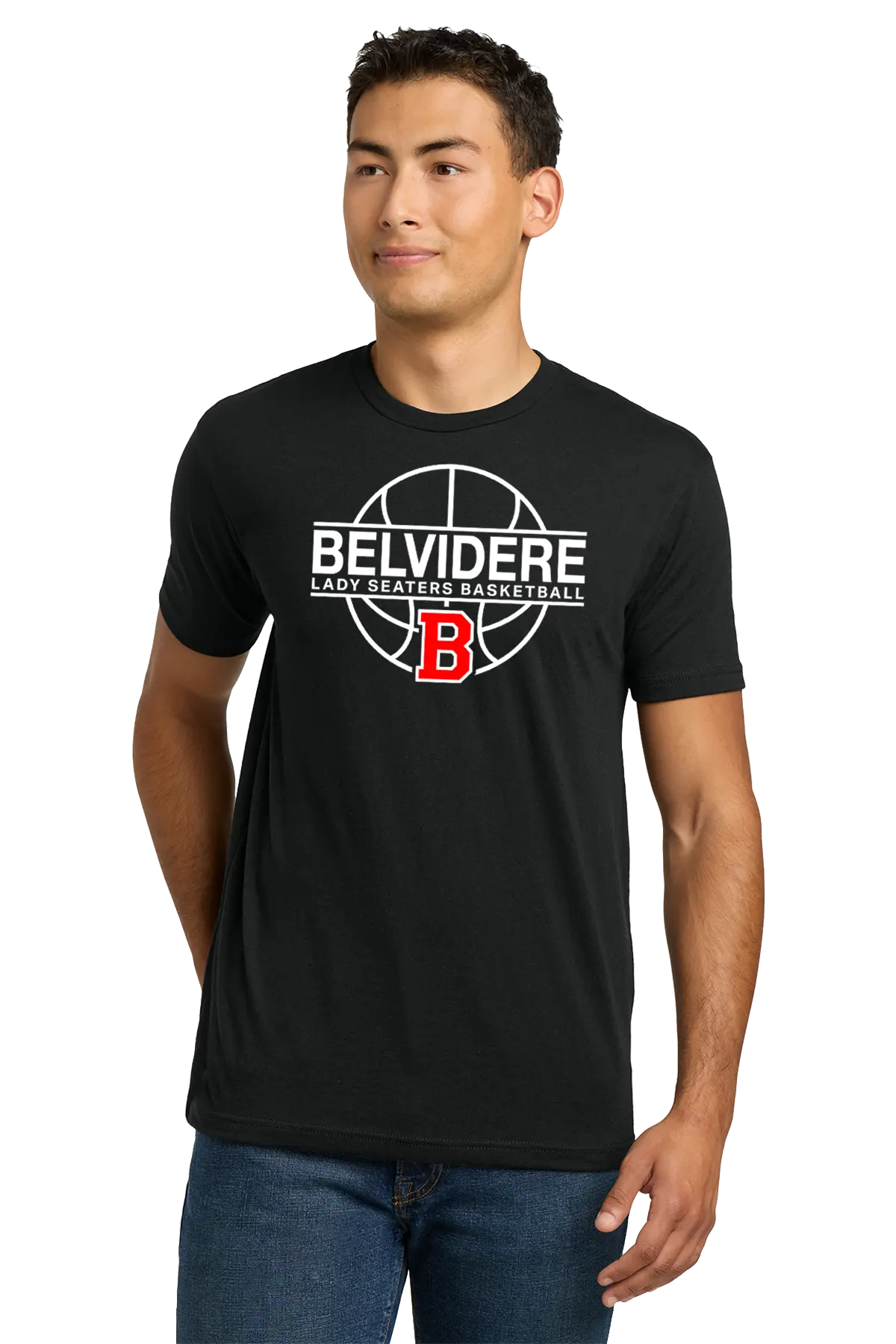 A man wearing a black short-sleeve t-shirt with a white and red 'Belvidere Lady Seaters Basketball' graphic on the chest, paired with blue jeans, against a plain white background. Paper Street Print Co, Blairstown, NJ.