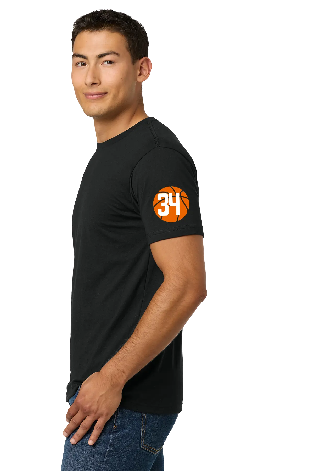 Man wearing a black t-shirt with an orange logo on a white background. Belvidere Lady Seaters Basketball, Paper Street Print Co, Blairstown, NJ.