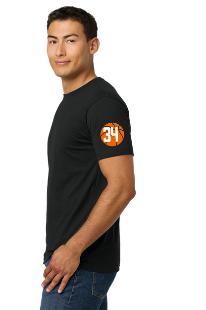 Man wearing a black t-shirt with an orange logo on a white background. Belvidere Lady Seaters Basketball, Paper Street Print Co, Blairstown, NJ.