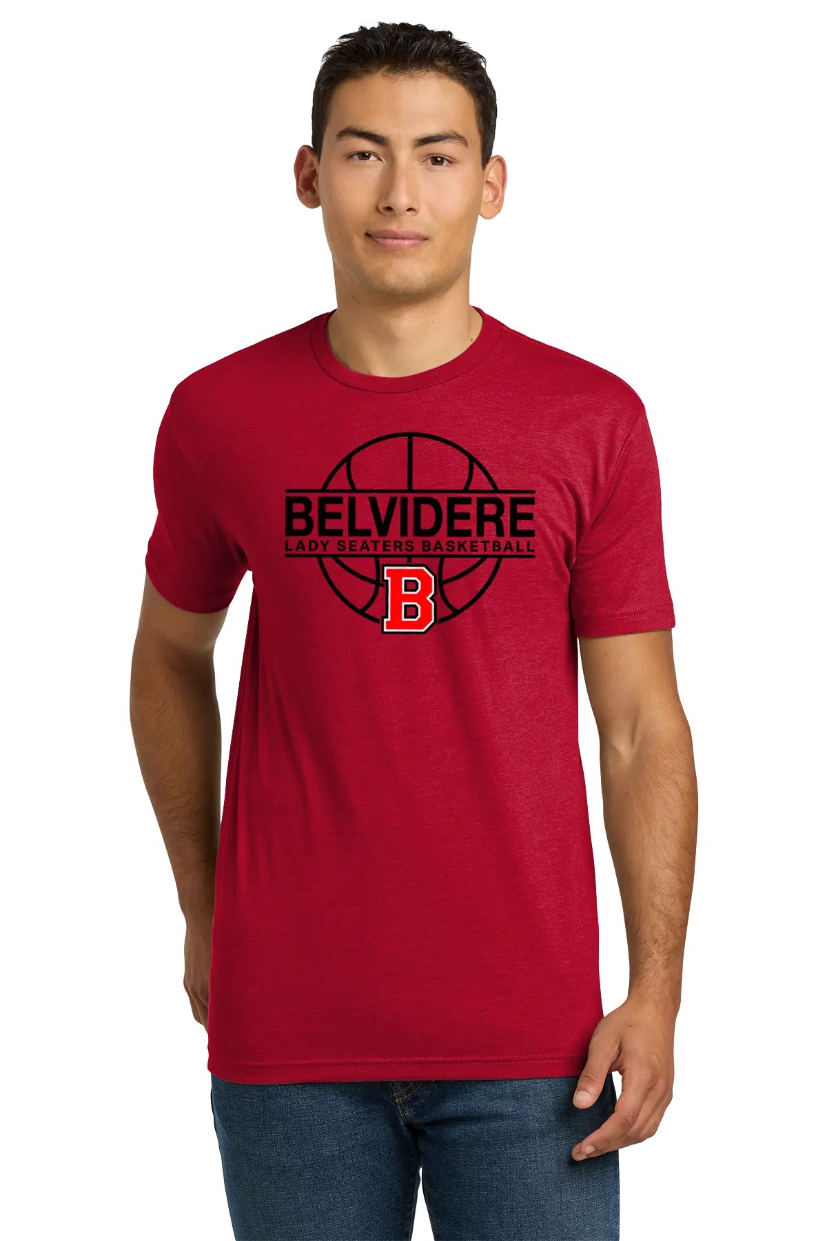 A man wearing a heather red short-sleeve t-shirt with a black and red Belvidere Lady Seaters Basketball graphic on the chest, paired with blue jeans, against a plain white background. Paper Street Print Co, Blairstown, NJ.