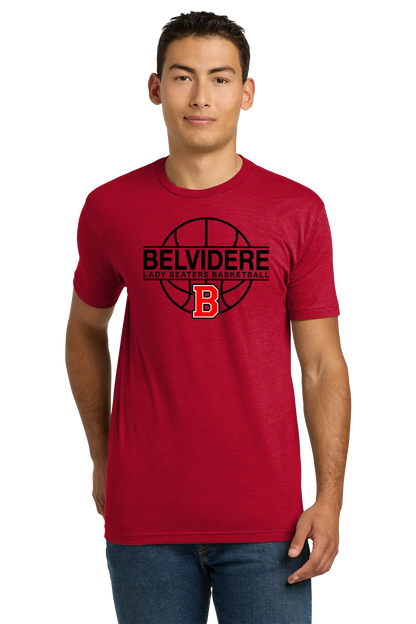 A man wearing a heather red short-sleeve t-shirt with a black and red Belvidere Lady Seaters Basketball graphic on the chest, paired with blue jeans, against a plain white background. Paper Street Print Co, Blairstown, NJ.