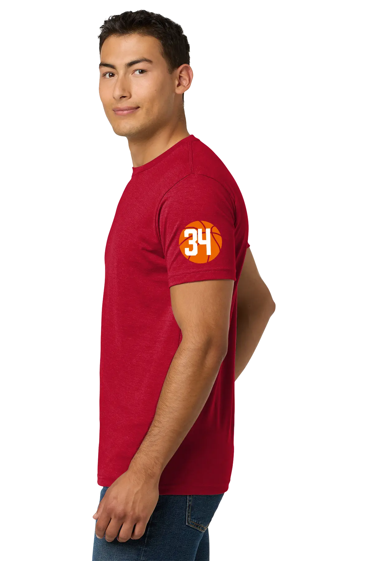 Man wearing a red t-shirt with an orange logo on a white background. Belvidere Lady Seaters Basketball, Paper Street Print Co, Blairstown, NJ.