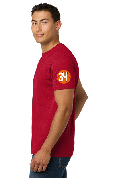 Man wearing a red t-shirt with an orange logo on a white background. Belvidere Lady Seaters Basketball, Paper Street Print Co, Blairstown, NJ.