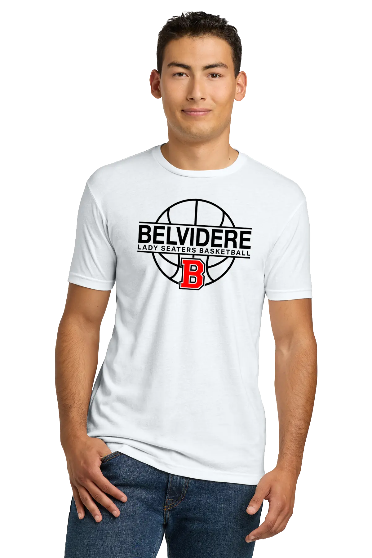 A man wearing a white short-sleeve t-shirt with a black and red Belvidere Lady Seaters Basketball graphic on the chest, paired with blue jeans, against a plain white background. Paper Street Print Co, Blairstown, NJ.
