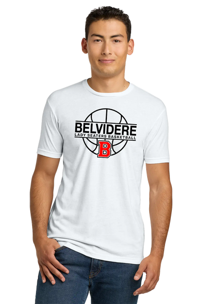 A man wearing a white short-sleeve t-shirt with a black and red Belvidere Lady Seaters Basketball graphic on the chest, paired with blue jeans, against a plain white background. Paper Street Print Co, Blairstown, NJ.