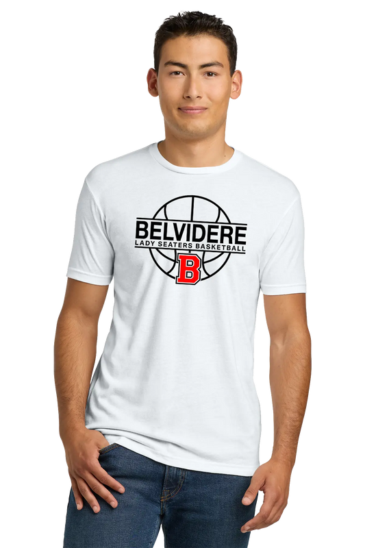 A man wearing a white short-sleeve t-shirt with a black and red Belvidere Lady Seaters Basketball graphic on the chest, paired with blue jeans, against a plain white background. Paper Street Print Co, Blairstown, NJ.
