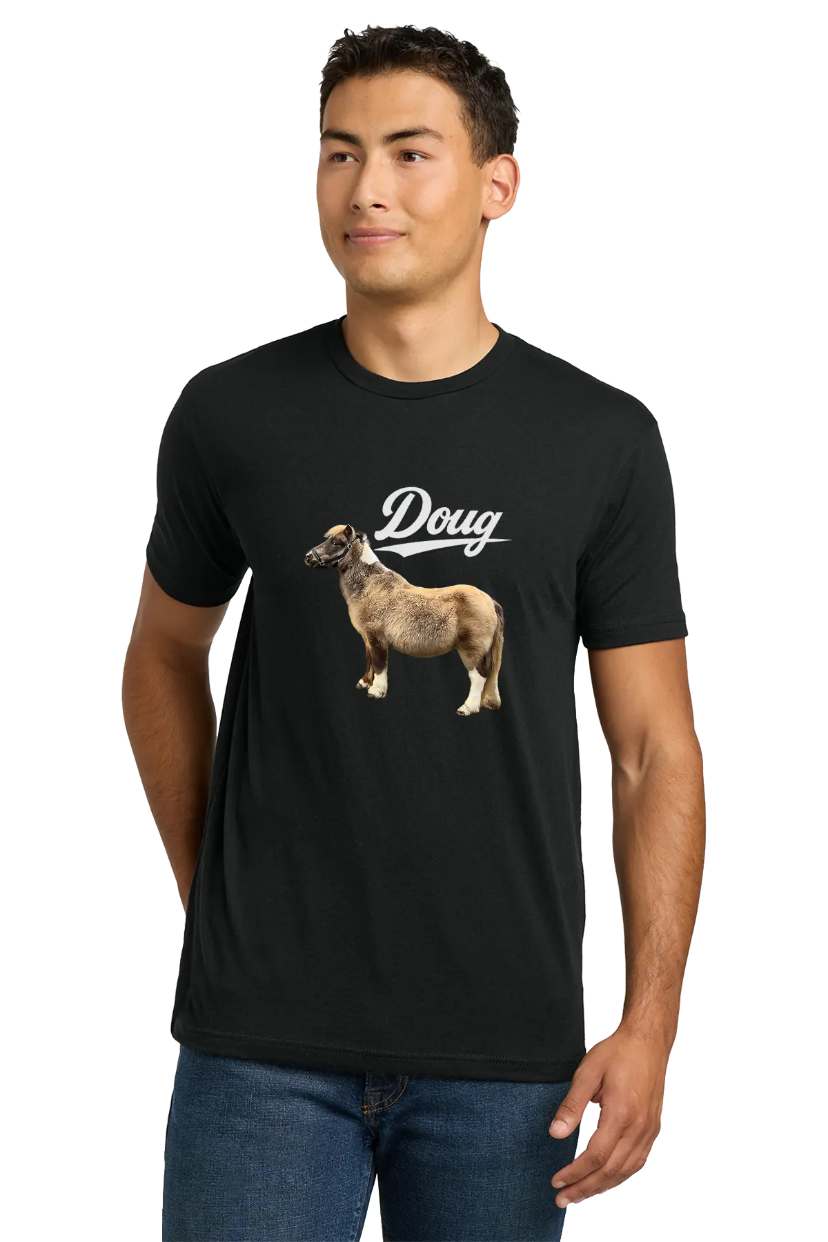 Man wearing a black t-shirt with a dog graphic and 'Doug' text on a white background. Paper Street Print Co, Blairstown, NJ.