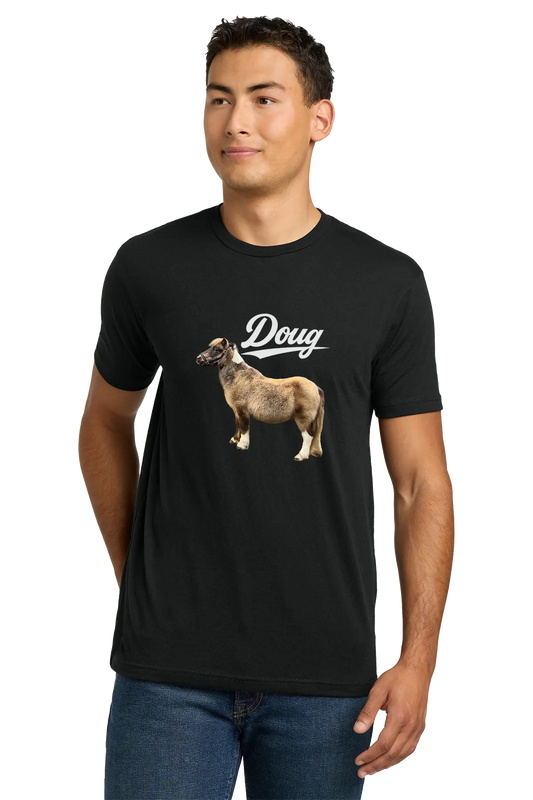 Man wearing a black t-shirt with a dog graphic and 'Doug' text on a white background. Paper Street Print Co, Blairstown, NJ.