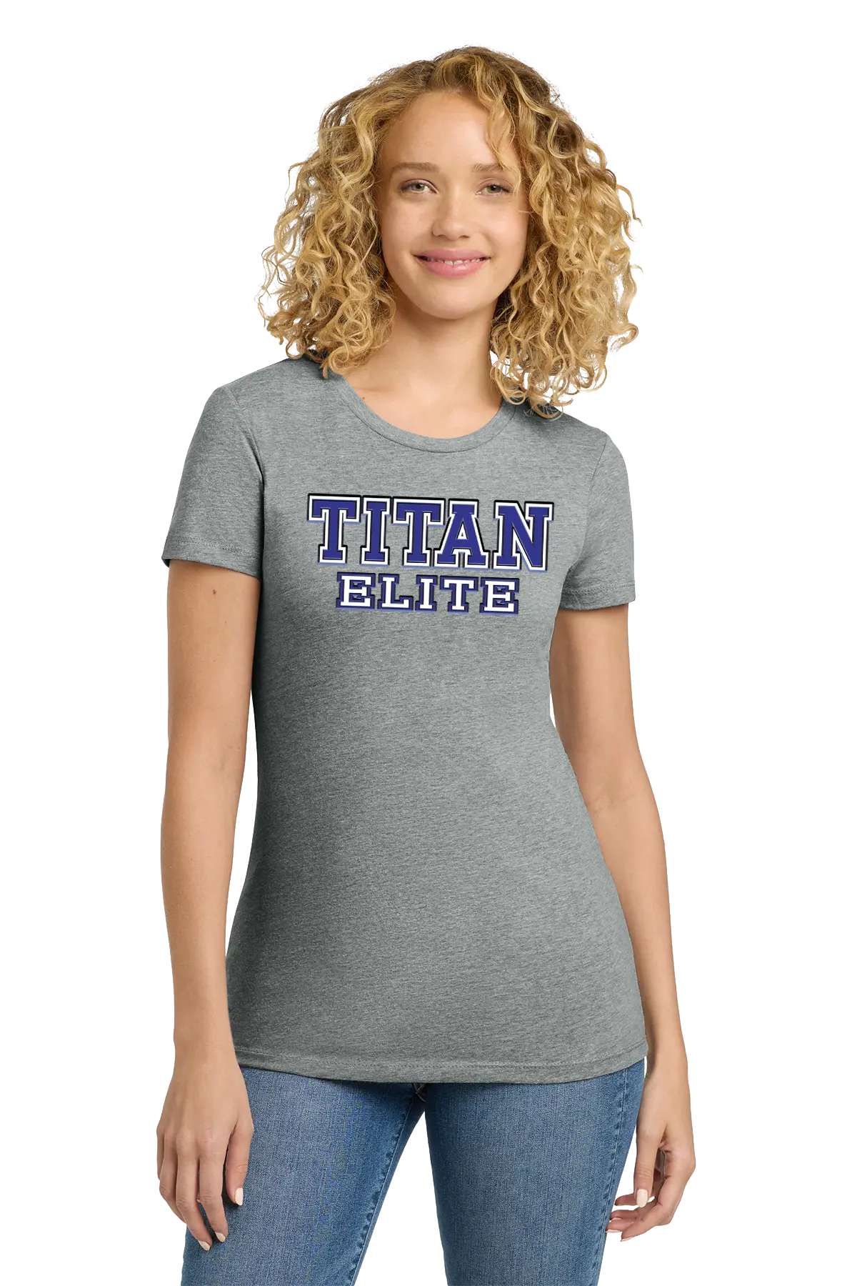 Woman wearing a gray t-shirt with 'TITAN ELITE' text on a white background. Paper Street Print Co, Blairstown, NJ.