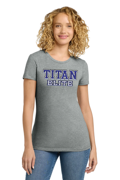 Woman wearing a gray t-shirt with 'TITAN ELITE' text on a white background. Paper Street Print Co, Blairstown, NJ.