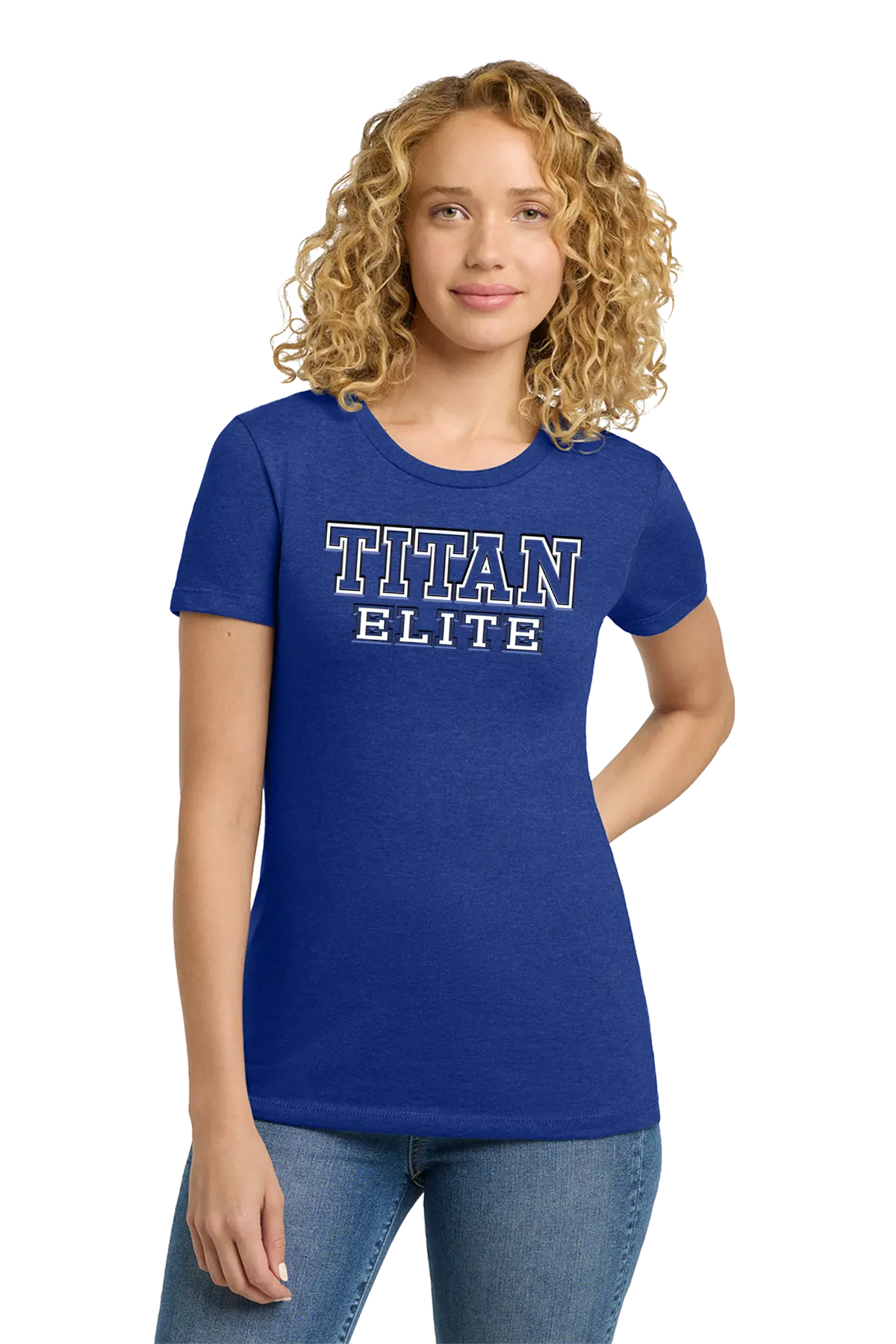 Woman wearing a blue 'TITAN ELITE' t-shirt on a white background. Paper Street Print Co, Blairstown, NJ.