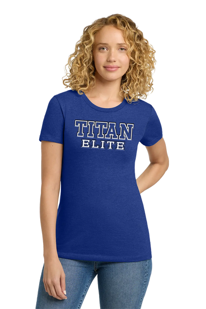 Woman wearing a blue 'TITAN ELITE' t-shirt on a white background. Paper Street Print Co, Blairstown, NJ.