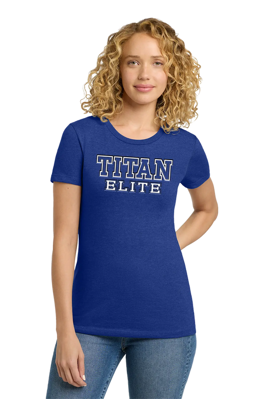 Woman wearing a blue 'TITAN ELITE' t-shirt on a white background. Paper Street Print Co, Blairstown, NJ.