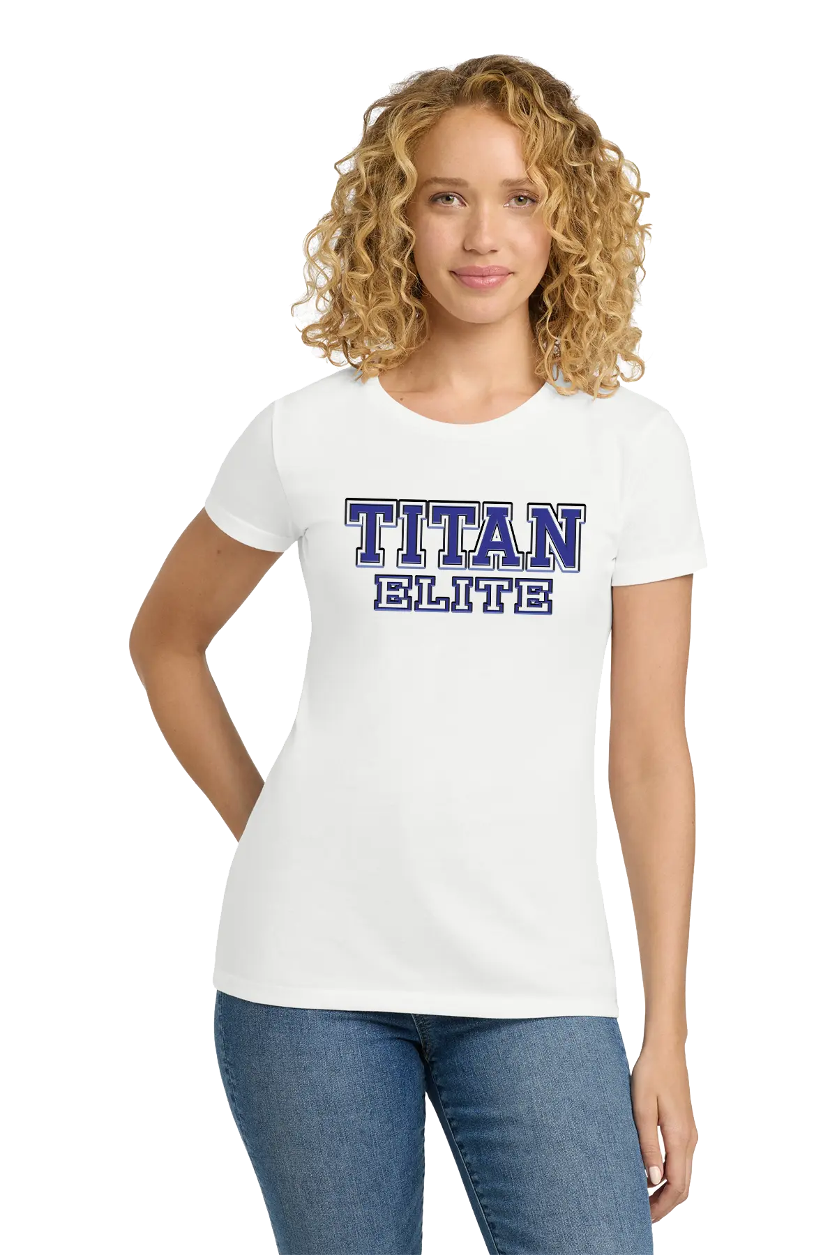 Woman wearing a white t-shirt with 'TITAN ELITE' text on a white background. Paper Street Print Co, Blairstown, NJ.
