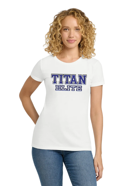 Woman wearing a white t-shirt with 'TITAN ELITE' text on a white background. Paper Street Print Co, Blairstown, NJ.