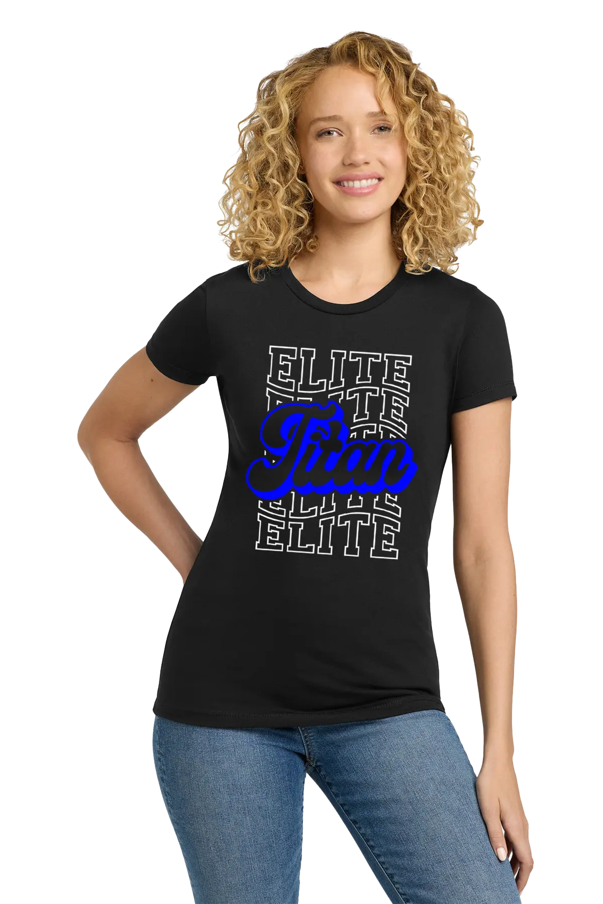 Person wearing a black t-shirt with 'Elite' text design on a white background. Paper Street Print Co, Blairstown, NJ.