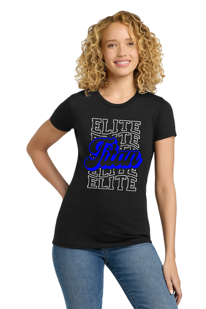 Person wearing a black t-shirt with 'Elite' text design on a white background. Paper Street Print Co, Blairstown, NJ.