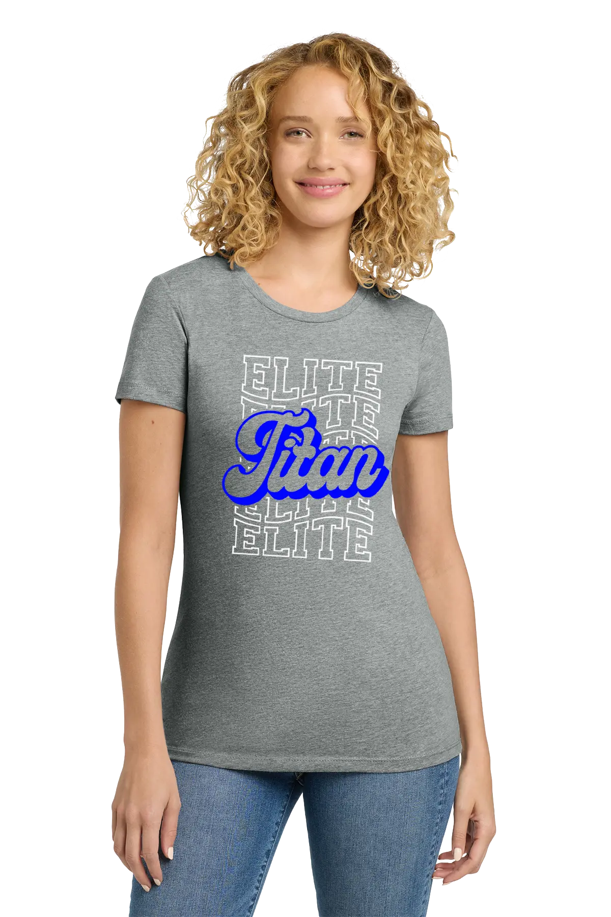 Woman wearing a gray t-shirt with 'Elite Titan' text design on a white background. Paper Street Print Co, Blairstown, NJ.