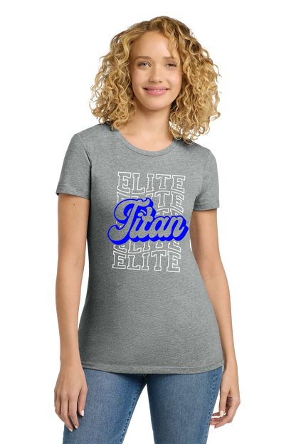Woman wearing a gray t-shirt with 'Elite Titan' text design on a white background. Paper Street Print Co, Blairstown, NJ.
