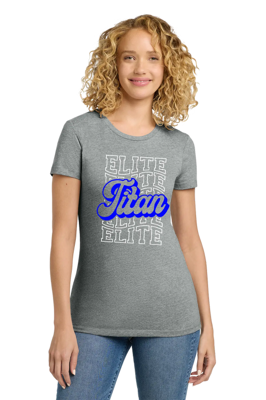 Woman wearing a gray t-shirt with 'Elite Titan' text design on a white background. Paper Street Print Co, Blairstown, NJ.