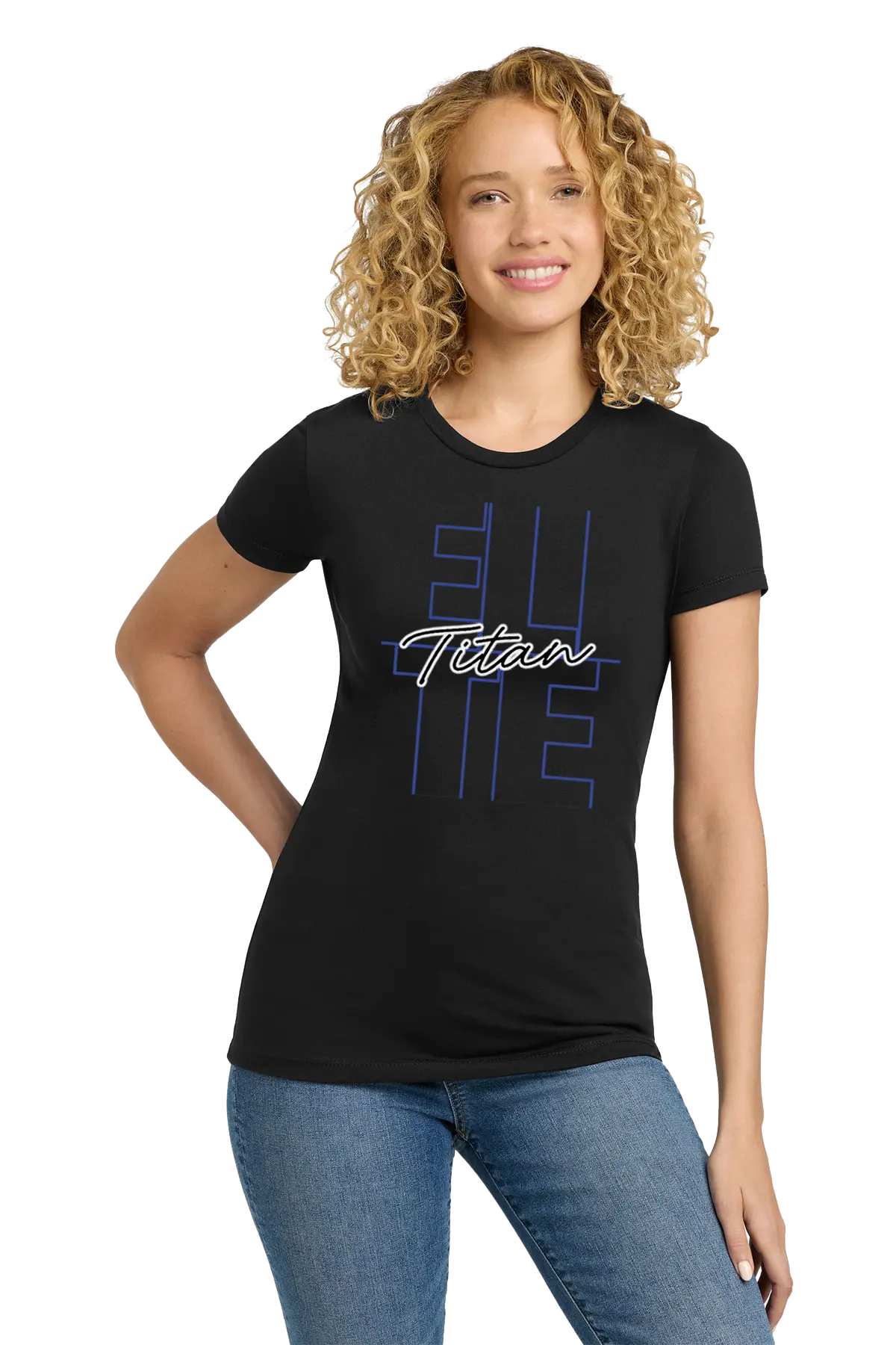 Woman wearing a black t-shirt with 'Titan' logo on a white background. Paper Street Print Co, Blairstown, NJ.