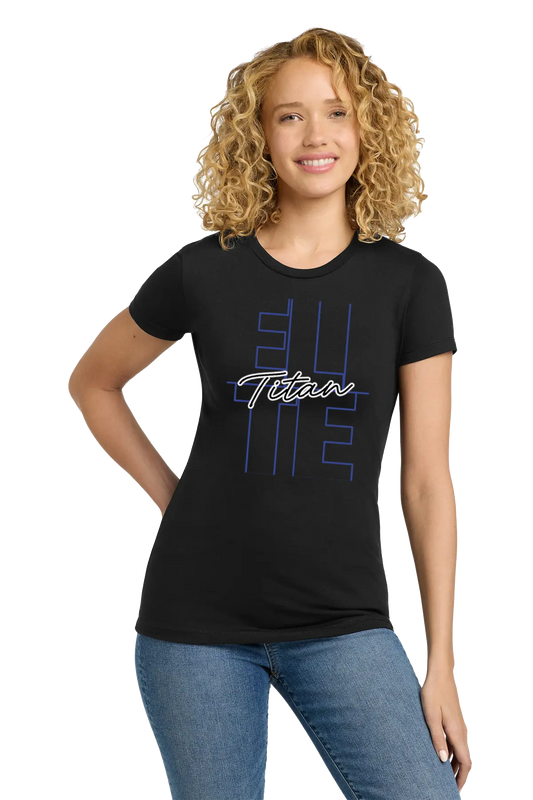 Woman wearing a black t-shirt with 'Titan' logo on a white background. Paper Street Print Co, Blairstown, NJ.