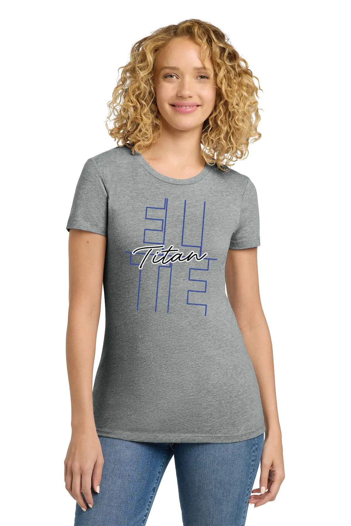 Woman wearing a gray t-shirt with 'Titan' printed on it against a white background. Paper Street Print Co, Blairstown, NJ.
