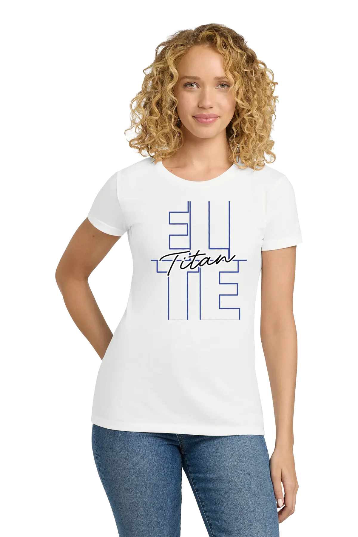 Woman wearing a white t-shirt with blue and black text on a white background. Paper Street Print Co, Blairstown, NJ.