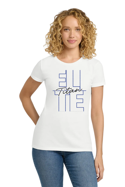 Woman wearing a white t-shirt with blue and black text on a white background. Paper Street Print Co, Blairstown, NJ.