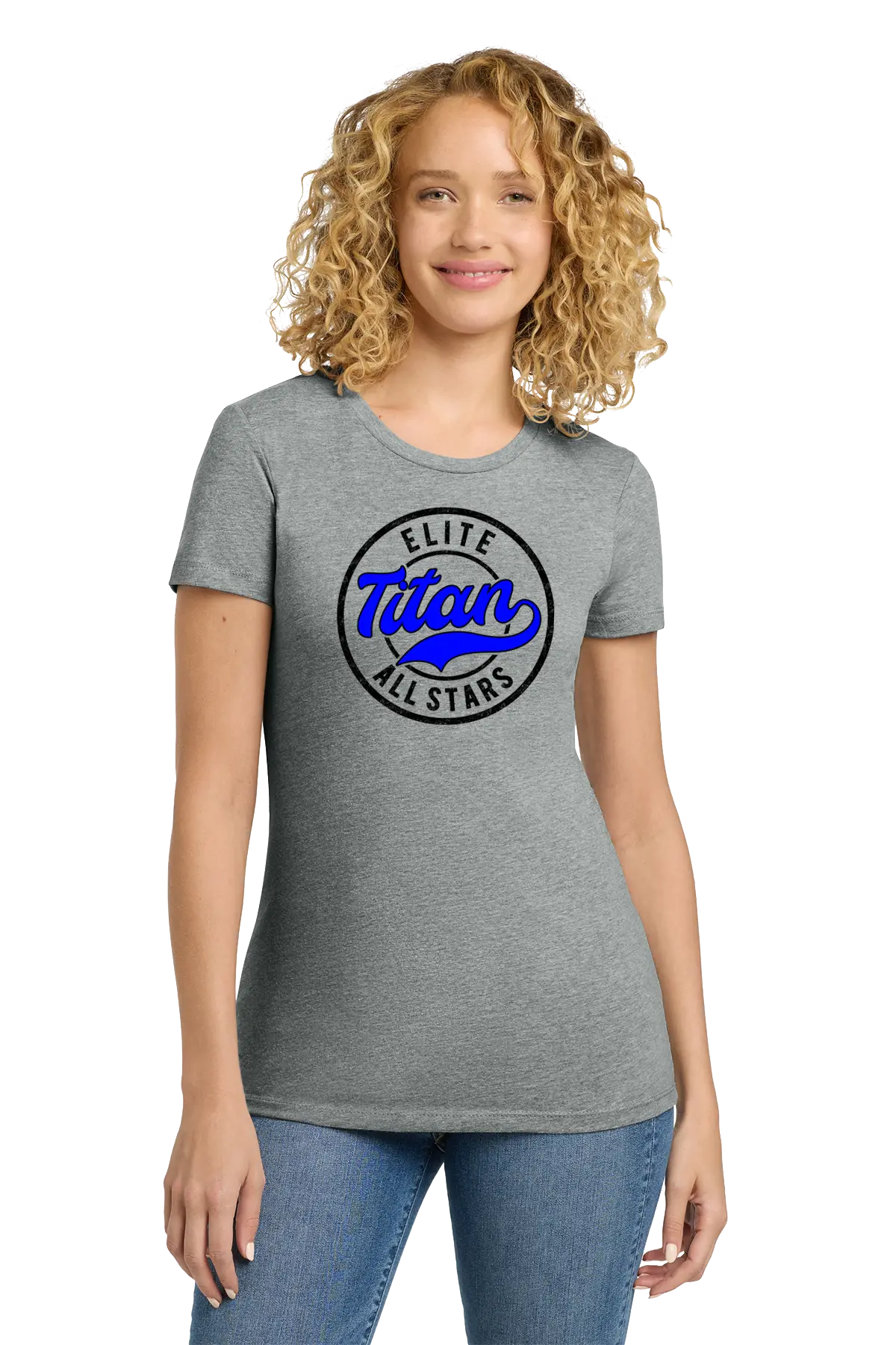 Woman wearing a gray t-shirt with 'Elite Titan All Stars' logo on a white background. Paper Street Print Co, Blairstown, NJ.