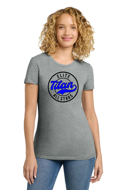 Woman wearing a gray t-shirt with 'Elite Titan All Stars' logo on a white background. Paper Street Print Co, Blairstown, NJ.