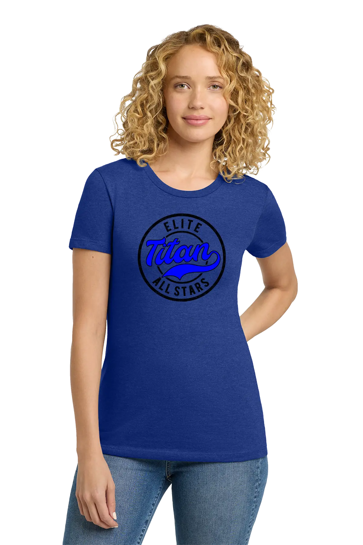 Woman wearing a blue t-shirt with 'Elite Titan All Stars' design on a white background. Paper Street Print Co, Blairstown, NJ.