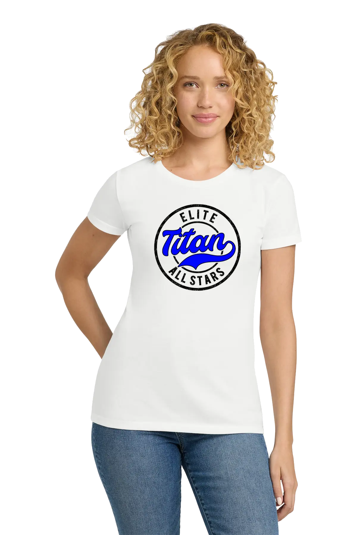 Woman wearing a white t-shirt with 'Elite Titan All-Stars' logo. Paper Street Print Co, Blairstown, NJ.
