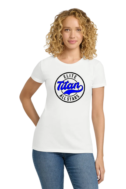 Woman wearing a white t-shirt with 'Elite Titan All-Stars' logo. Paper Street Print Co, Blairstown, NJ.