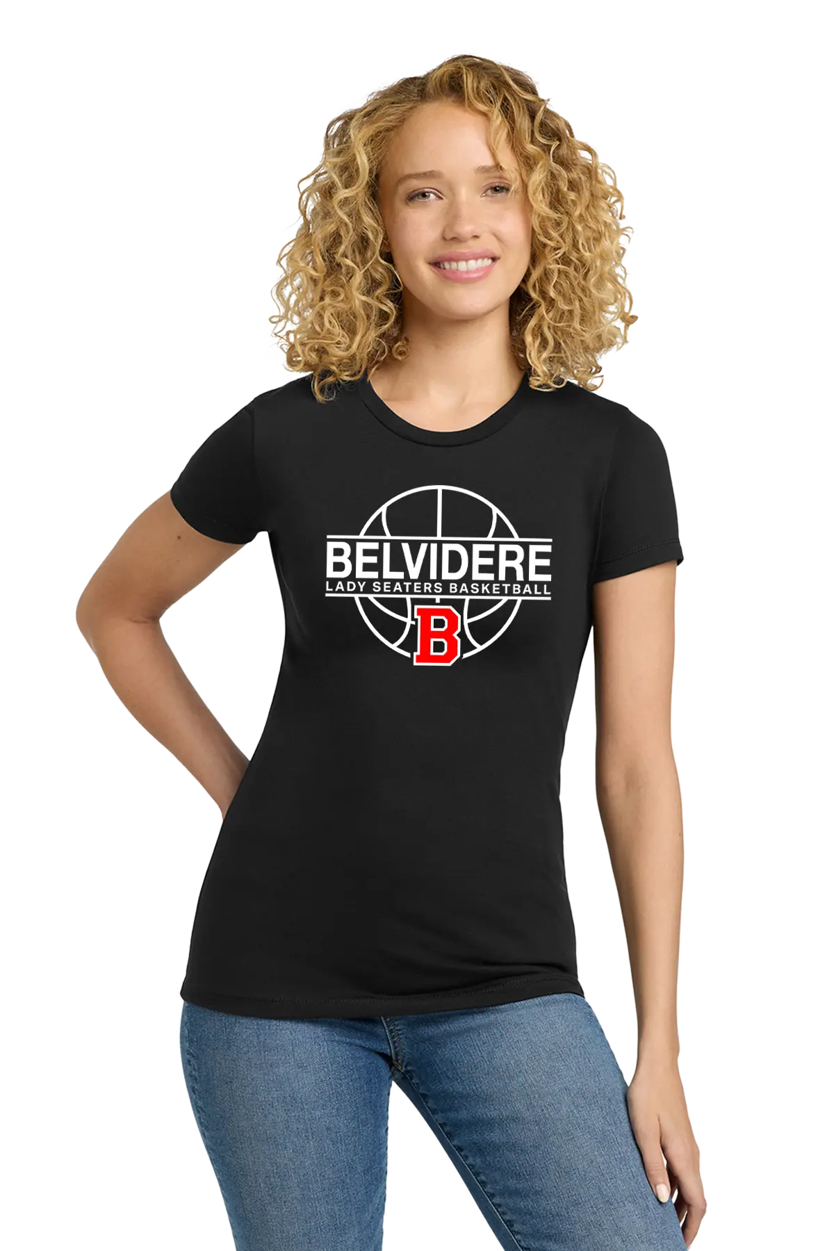 A woman with curly blonde hair wearing a black short-sleeve t-shirt with a white and red 'Belvidere Lady Seaters Basketball' graphic on the chest, paired with blue jeans, against a plain white background. Paper Street Print Co, Blairstown, NJ.