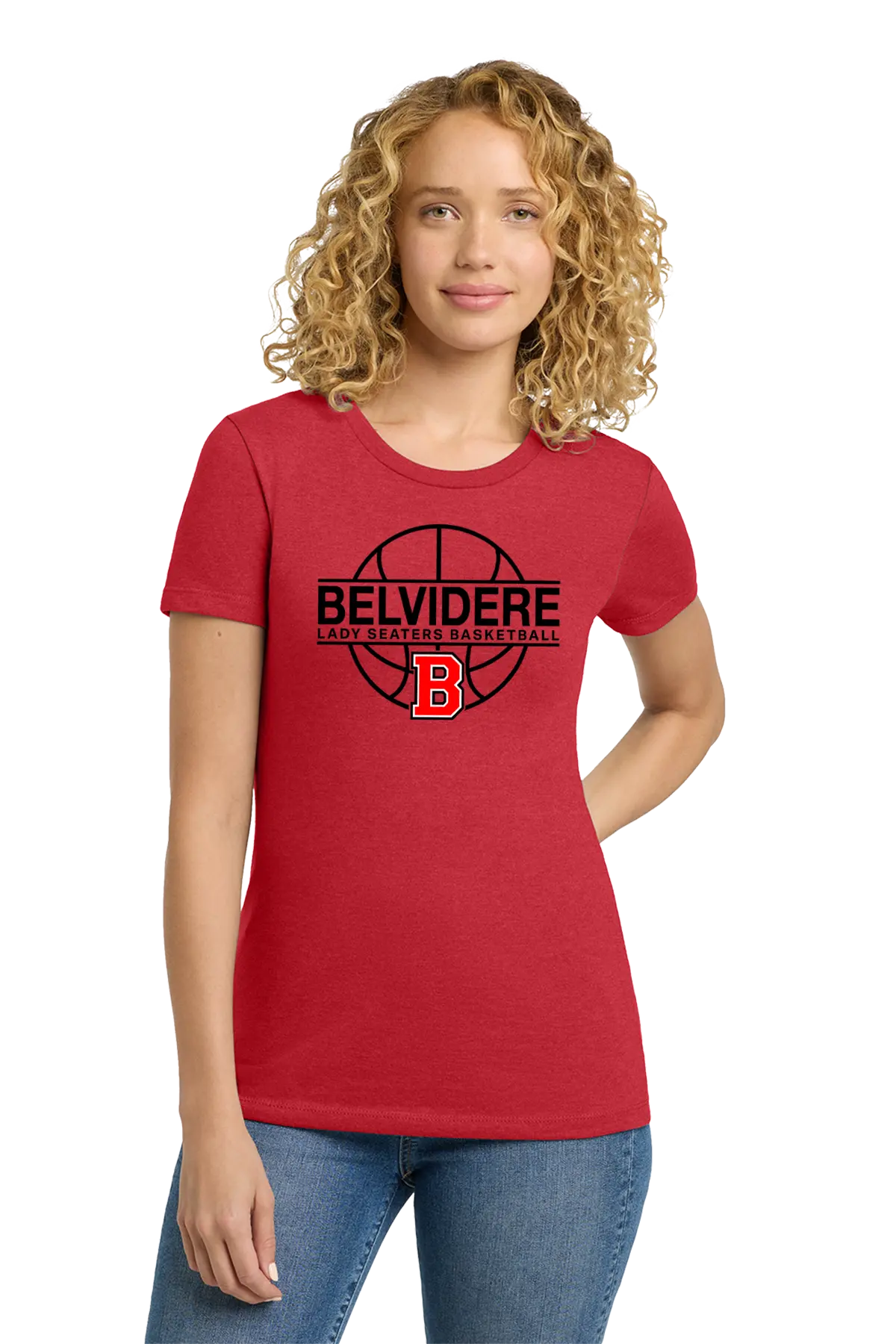 A woman with curly blonde hair wearing a red short-sleeve t-shirt with a black and red Belvidere Lady Seaters Basketball graphic, paired with blue jeans, against a plain white background. Paper Street Print Co, Blairstown, NJ.