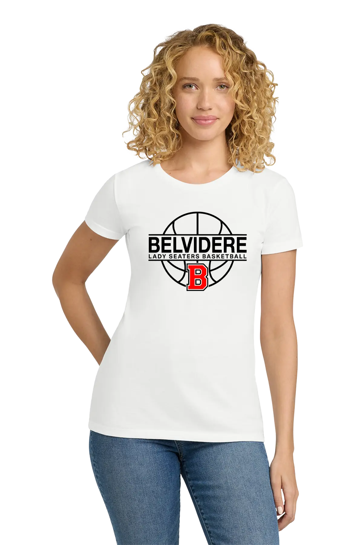 A woman with curly blonde hair wearing a white short-sleeve t-shirt with a black and red 'Belvidere Lady Seaters Basketball' graphic on the chest, paired with blue jeans, against a plain white background. Paper Street Print Co, Blairstown, NJ.