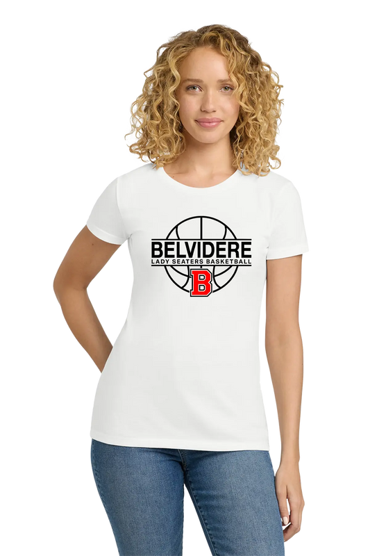 A woman with curly blonde hair wearing a white short-sleeve t-shirt with a black and red 'Belvidere Lady Seaters Basketball' graphic on the chest, paired with blue jeans, against a plain white background. Paper Street Print Co, Blairstown, NJ.