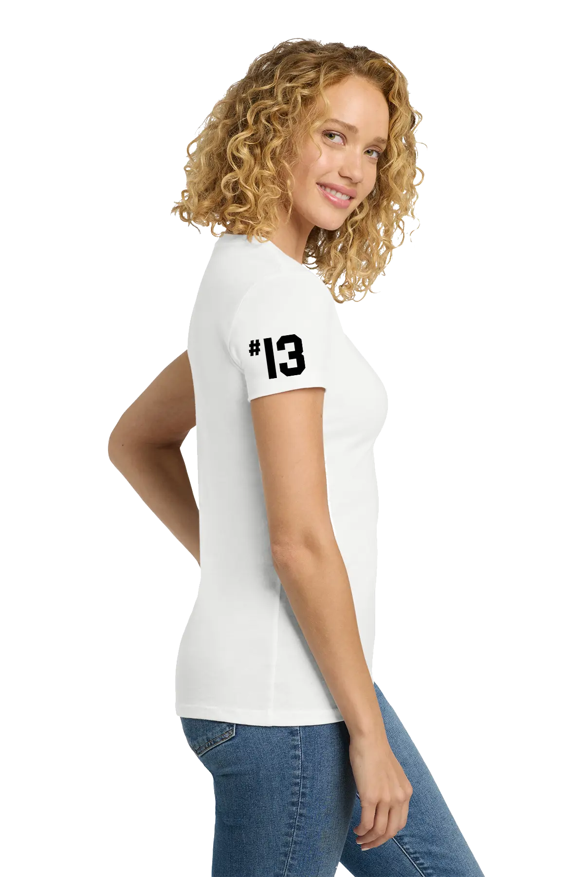 Woman wearing a white t-shirt with the number 13 on a white background. Paper Street Print Co, Blairstown, NJ.