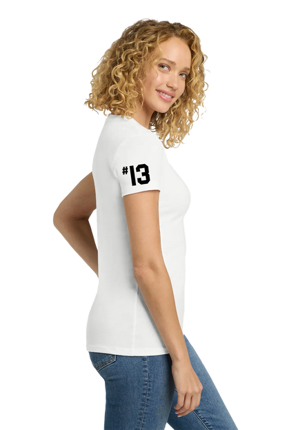 Woman wearing a white t-shirt with the number 13 on a white background. Paper Street Print Co, Blairstown, NJ.