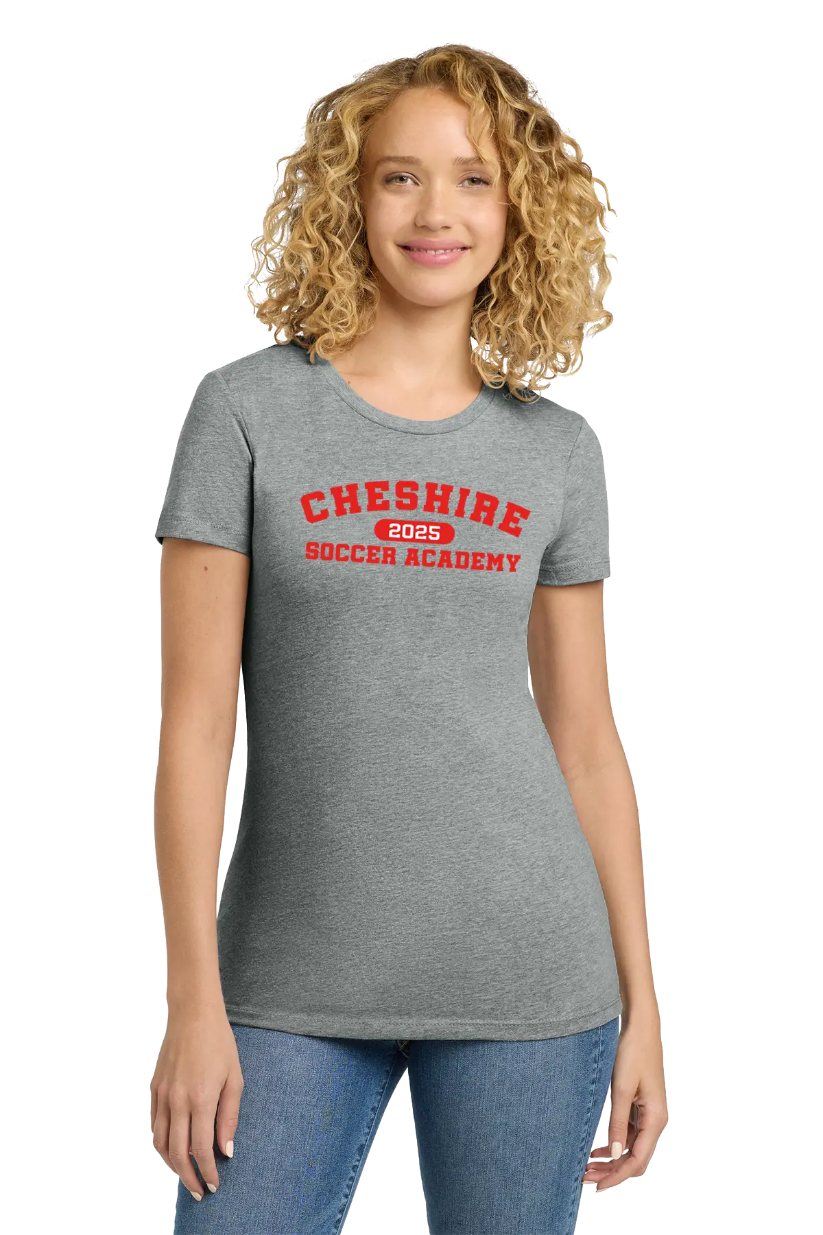 Woman wearing a gray t-shirt with 'Cheshire Soccer Academy' text on a white background. Paper Street Print Co, Blairstown, NJ.