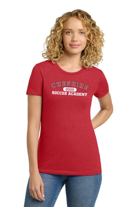 Woman wearing a red t-shirt with 'Cheshire Soccer Academy' text on a white background. Paper Street Print Co, Blairstown, NJ.