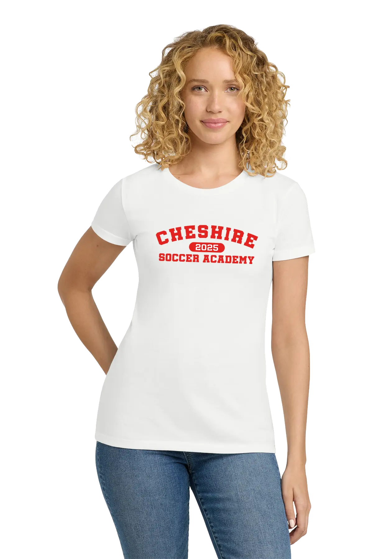 Woman wearing a white t-shirt with 'Cheshire Soccer Academy' text on a white background. Paper Street Print Co, Blairstown, NJ.